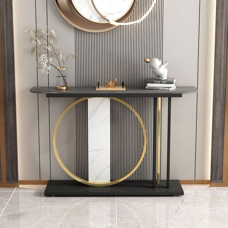 Modern Black Console Table with Gold Ring and Marble Panel
