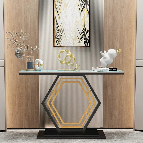 Modern Hexagon Console Table with Gold Inlay and Marble Top