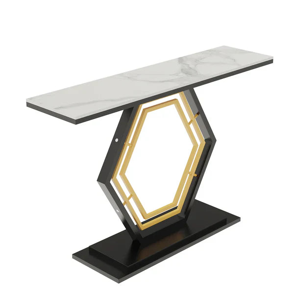 Modern Hexagon Console Table with Gold Inlay and Marble Top