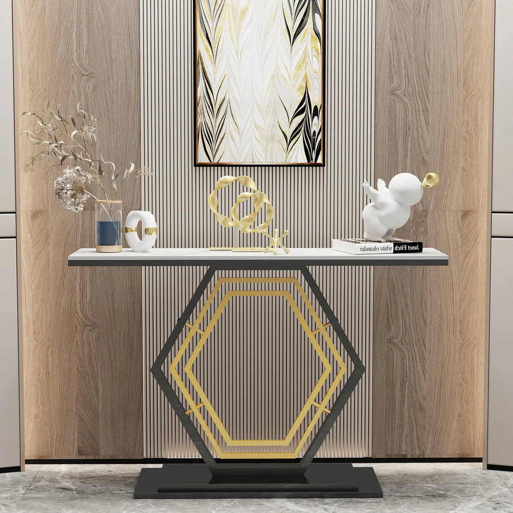 Modern Hexagon Console Table with Gold Inlay and Marble Top