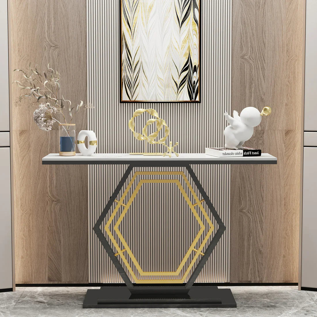 Modern Hexagon Console Table with Gold Inlay and Marble Top