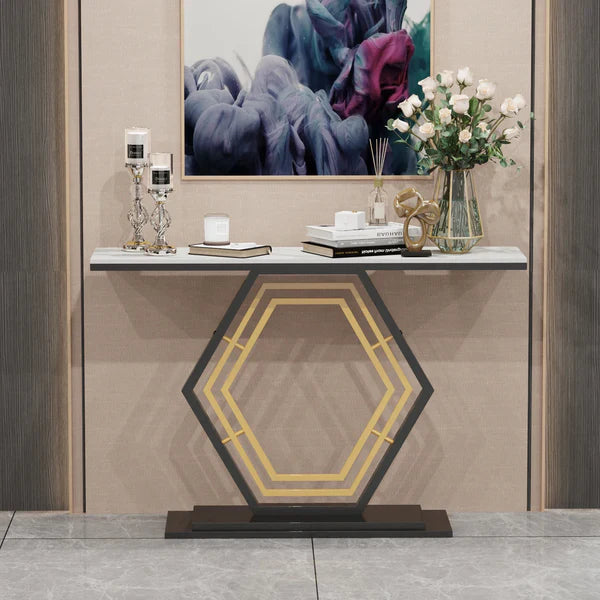 Modern Hexagon Console Table with Gold Inlay and Marble Top