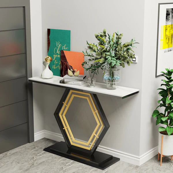 Modern Hexagon Console Table with Gold Inlay and Marble Top