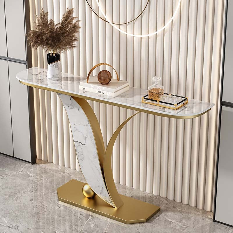 Sleek Marble Console Table with Unique Curved Gold Legs