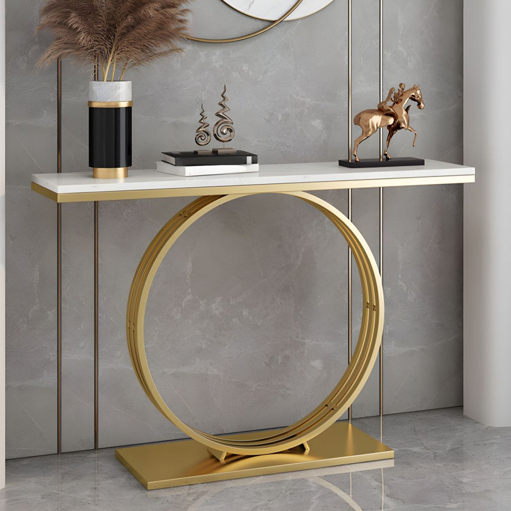 Sophisticated Black Marble Console Table with Gold Circular Base