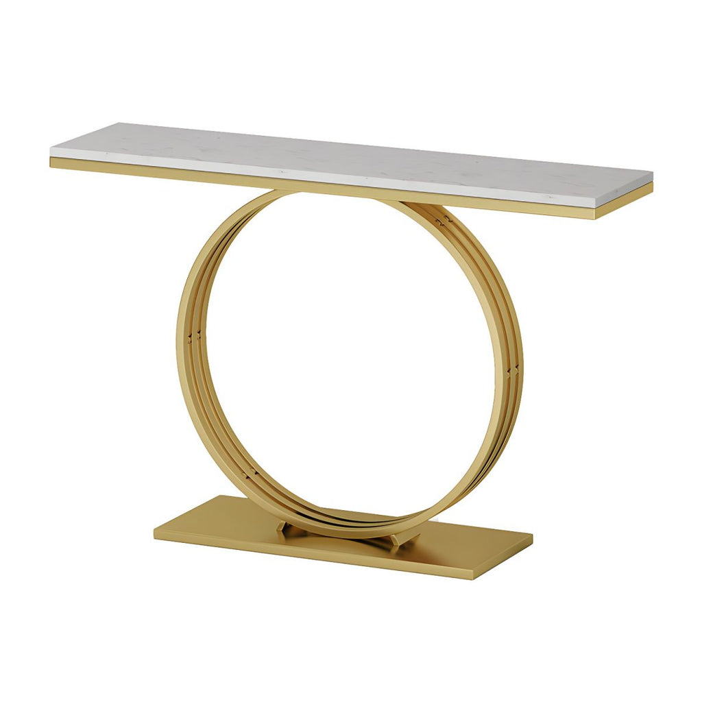 Sophisticated Black Marble Console Table with Gold Circular Base