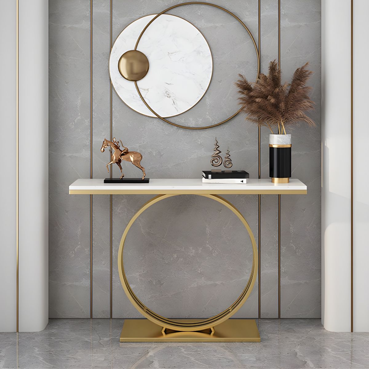 Sophisticated Black Marble Console Table with Gold Circular Base