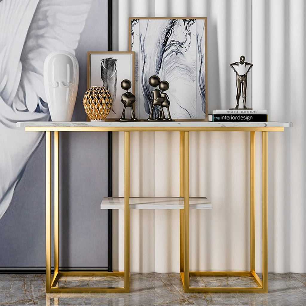 Sophisticated Console Table with Golden Frame and Marble Surface
