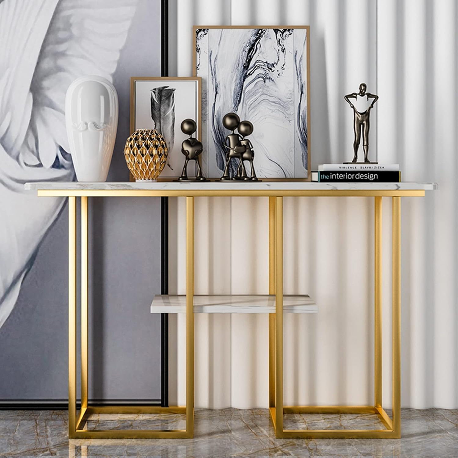 Sophisticated Console Table with Golden Frame and Marble Surface
