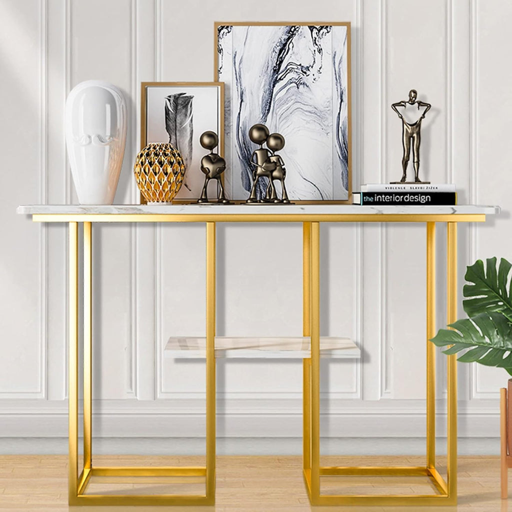 Sophisticated Console Table with Golden Frame and Marble Surface