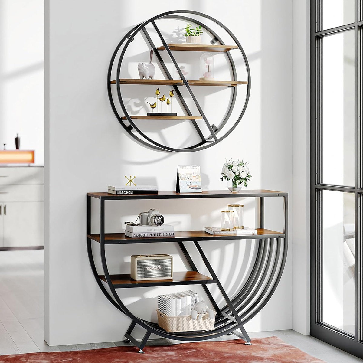 Unique Geometric Console Table with 3-Tier Wooden Shelves