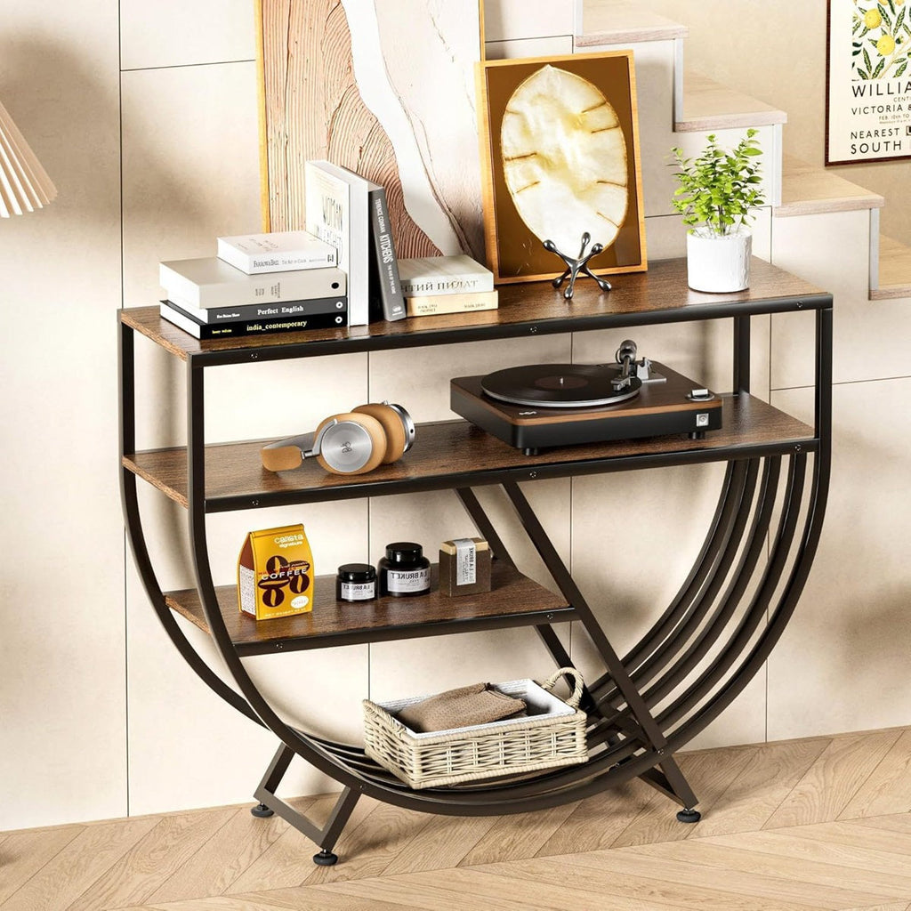Unique Geometric Console Table with 3-Tier Wooden Shelves