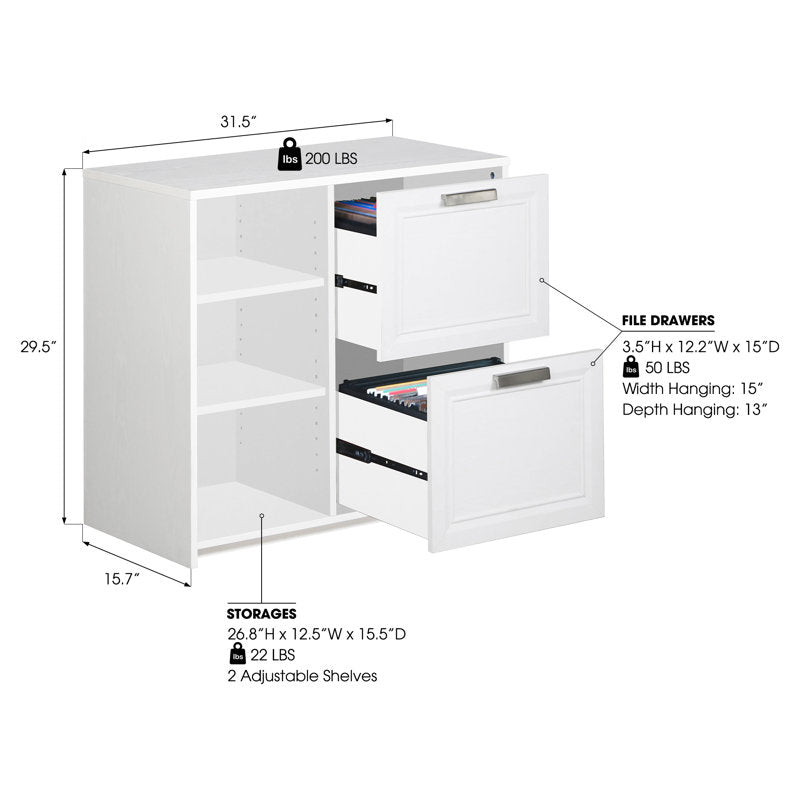 Two Drawer Filing Cabinet with Open Shelves for Home Office Storage