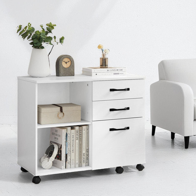Modern White Filing Cabinet with Three Drawers and Storage Compartments