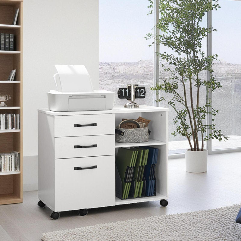 Modern White Filing Cabinet with Three Drawers and Storage Compartments