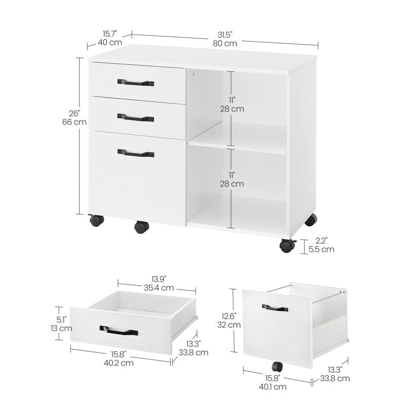 Modern White Filing Cabinet with Three Drawers and Storage Compartments