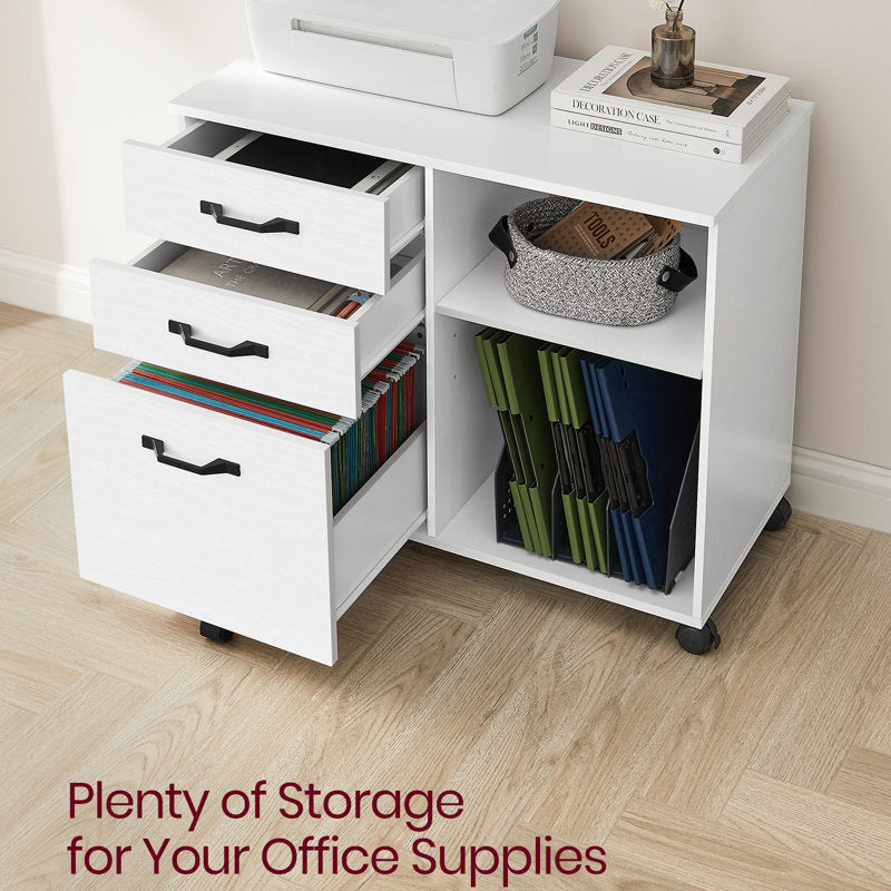 Modern White Filing Cabinet with Three Drawers and Storage Compartments