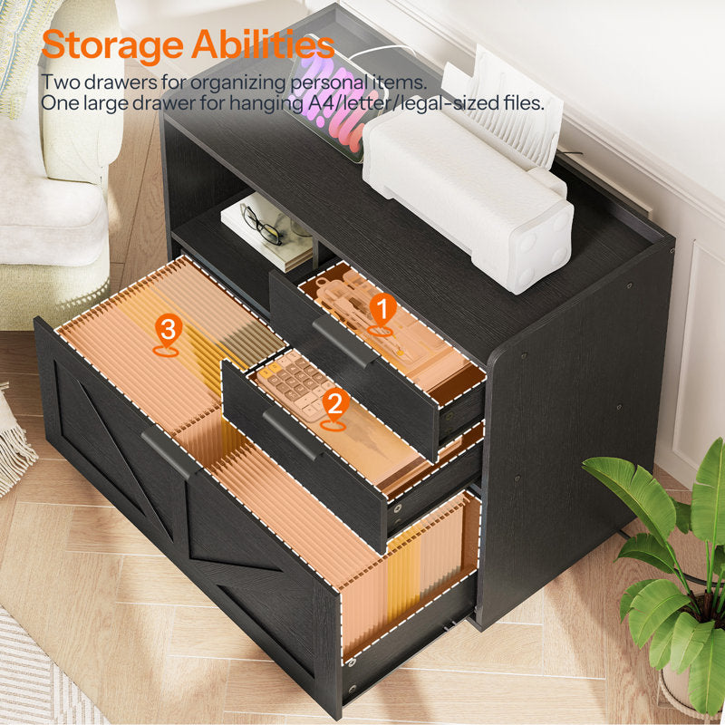 Home Office Filing Cabinet with Two Drawers Open Shelf and Storage Cabinet