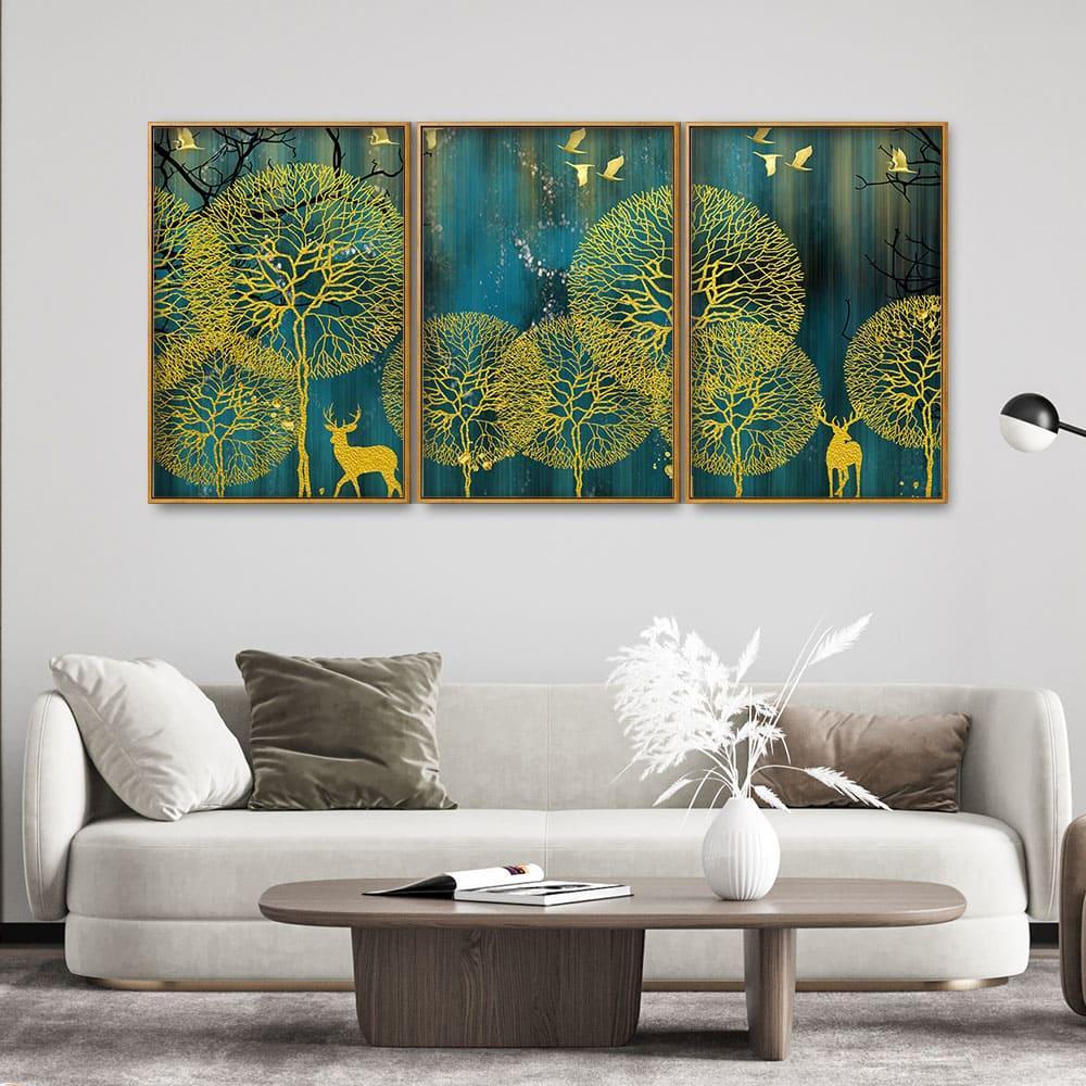 Golden Nightscape with Deer and Golden birds Floating Canvas Wall Painting Set of Three - Decor Mantra 