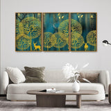Golden Nightscape with Deer and Golden birds Floating Canvas Wall Painting Set of Three - Decor Mantra 