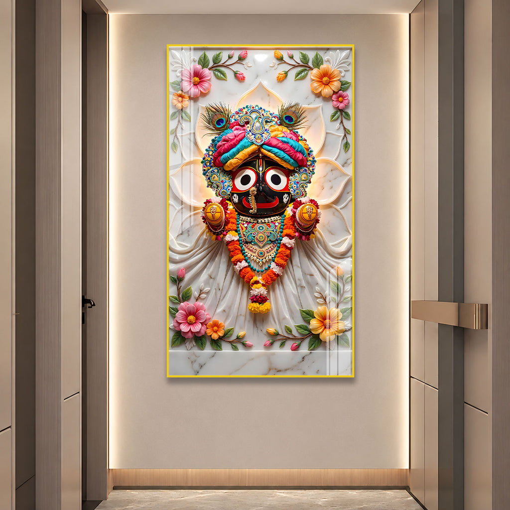 Modern Lord Jagannath Acrylic Wall Frame with Decorative Marble Background and Floral Artwork