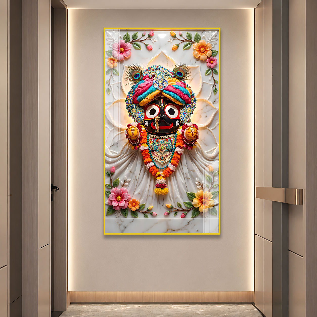 Modern Lord Jagannath Acrylic Wall Frame with Decorative Marble Background and Floral Artwork