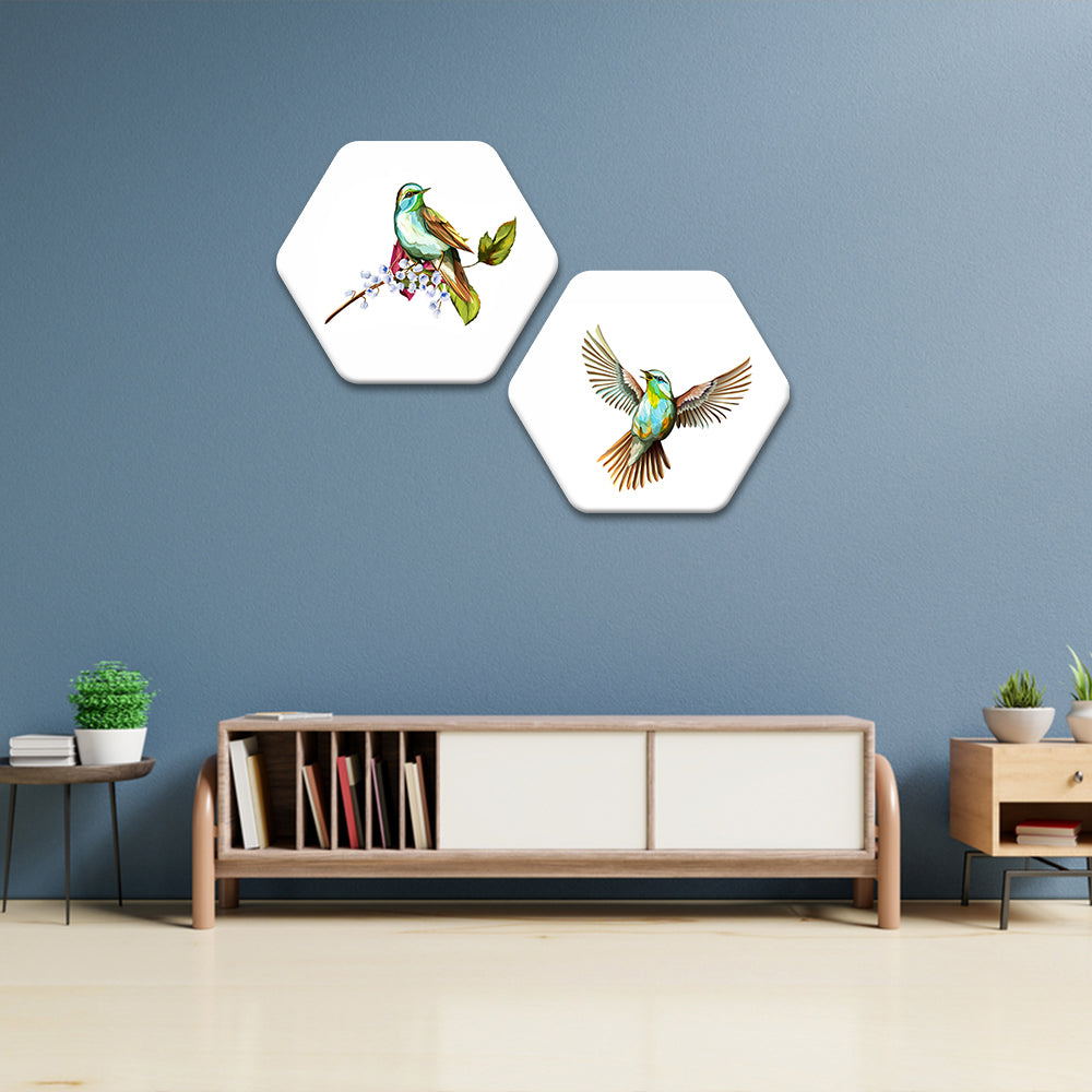 Beautiful Birds Premium Hexagon Wall Painting Set of 2 - decorsmart