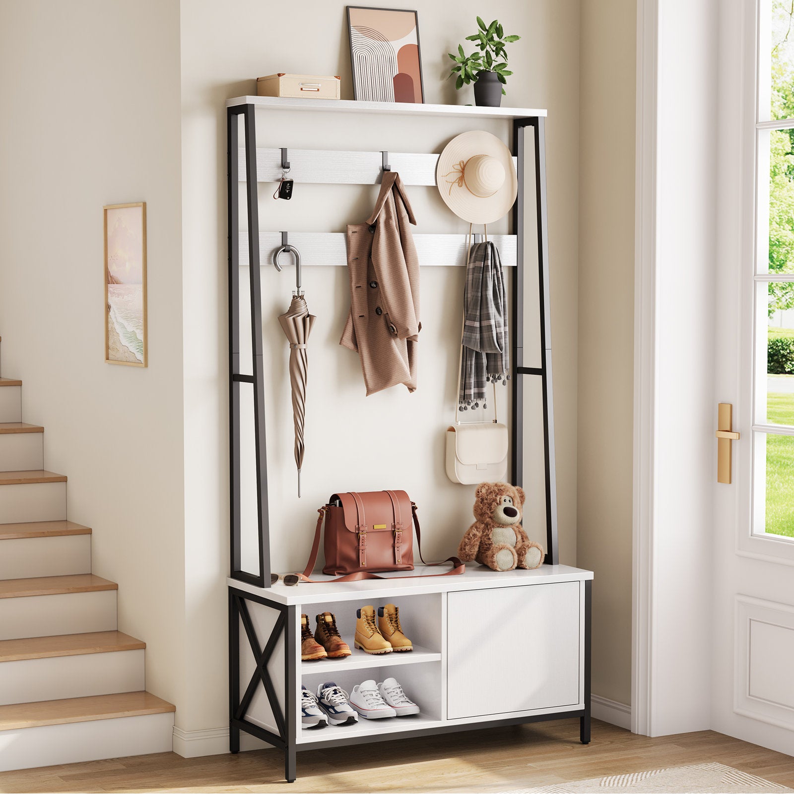 Modern Entryway Hall Tree Coat Rack With Shoe Storage Shelf