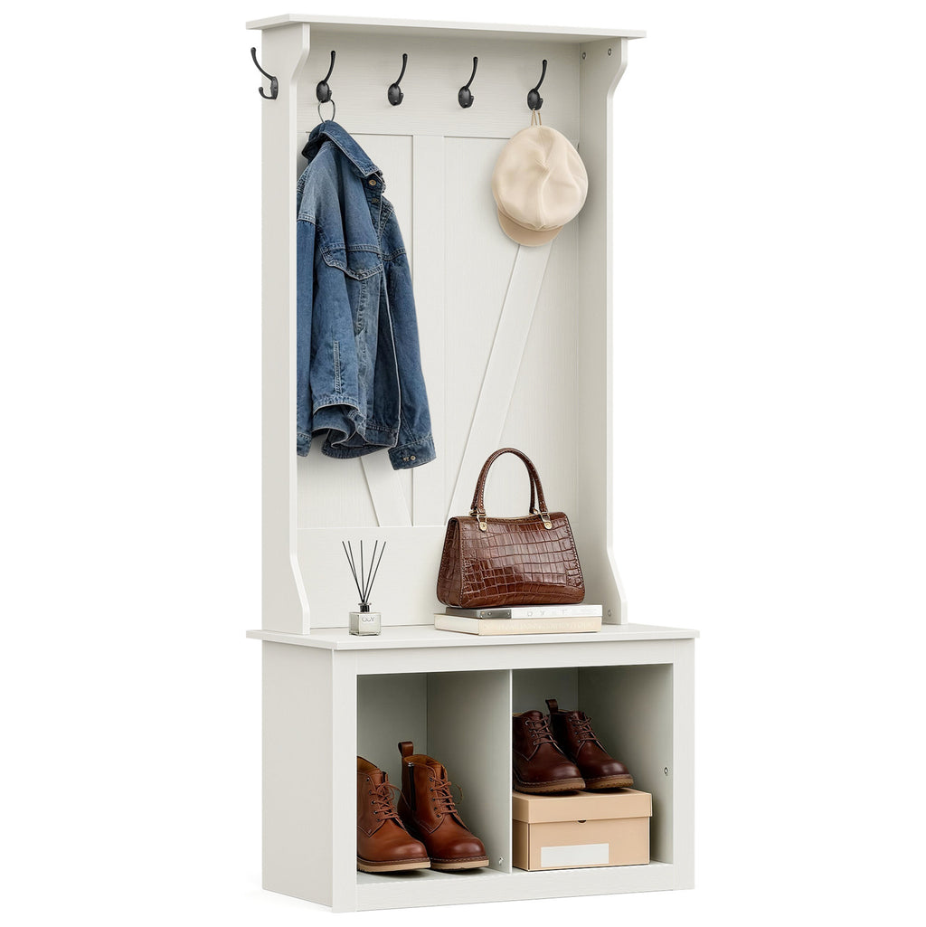 Minimalist White Entryway Hall Tree Organizer With Hooks