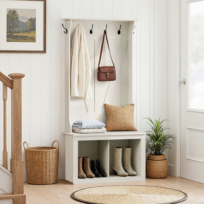 Minimalist White Entryway Hall Tree Organizer With Hooks