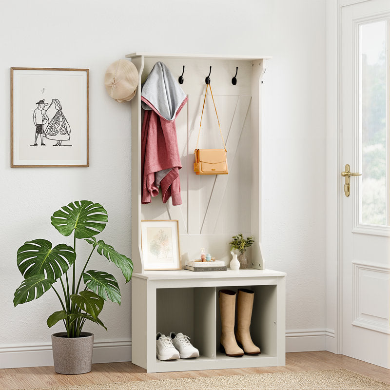 Minimalist White Entryway Hall Tree Organizer With Hooks