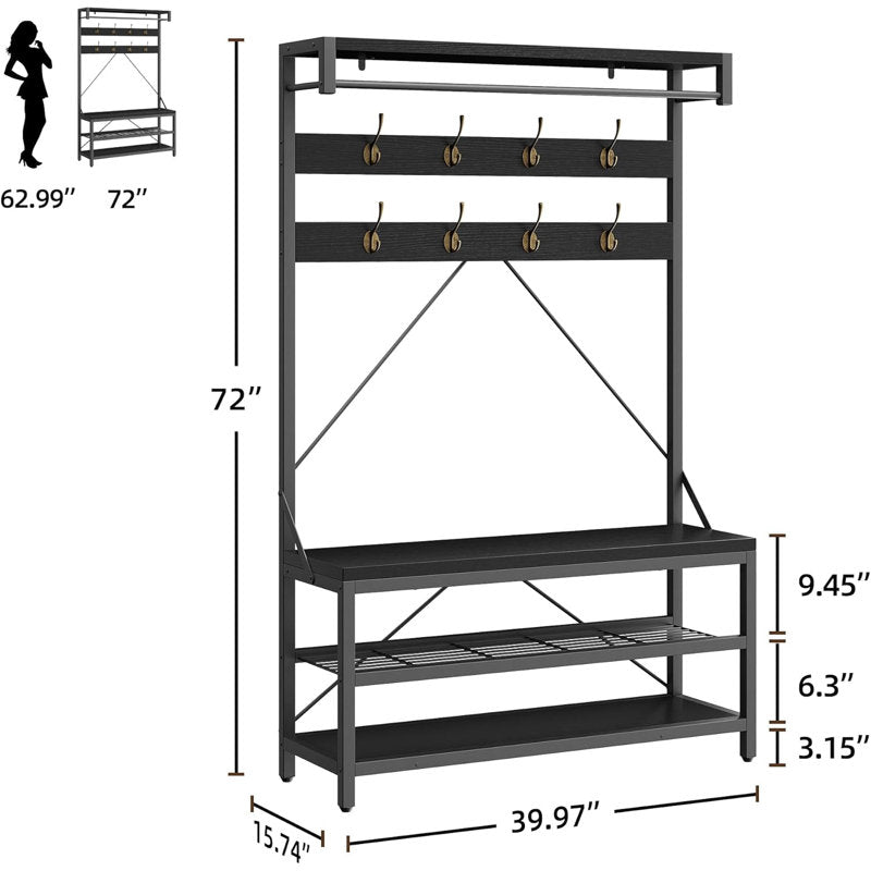 Modern Black Hall Tree Entryway Bench With Coat Hooks and Shoe Rack