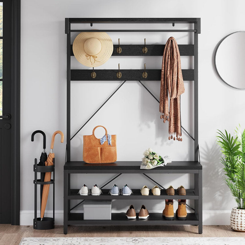 Modern Black Hall Tree Entryway Bench With Coat Hooks and Shoe Rack