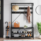 Modern Black Hall Tree Entryway Bench With Coat Hooks and Shoe Rack