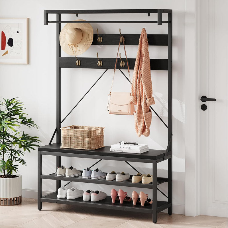 Modern Black Hall Tree Entryway Bench With Coat Hooks and Shoe Rack