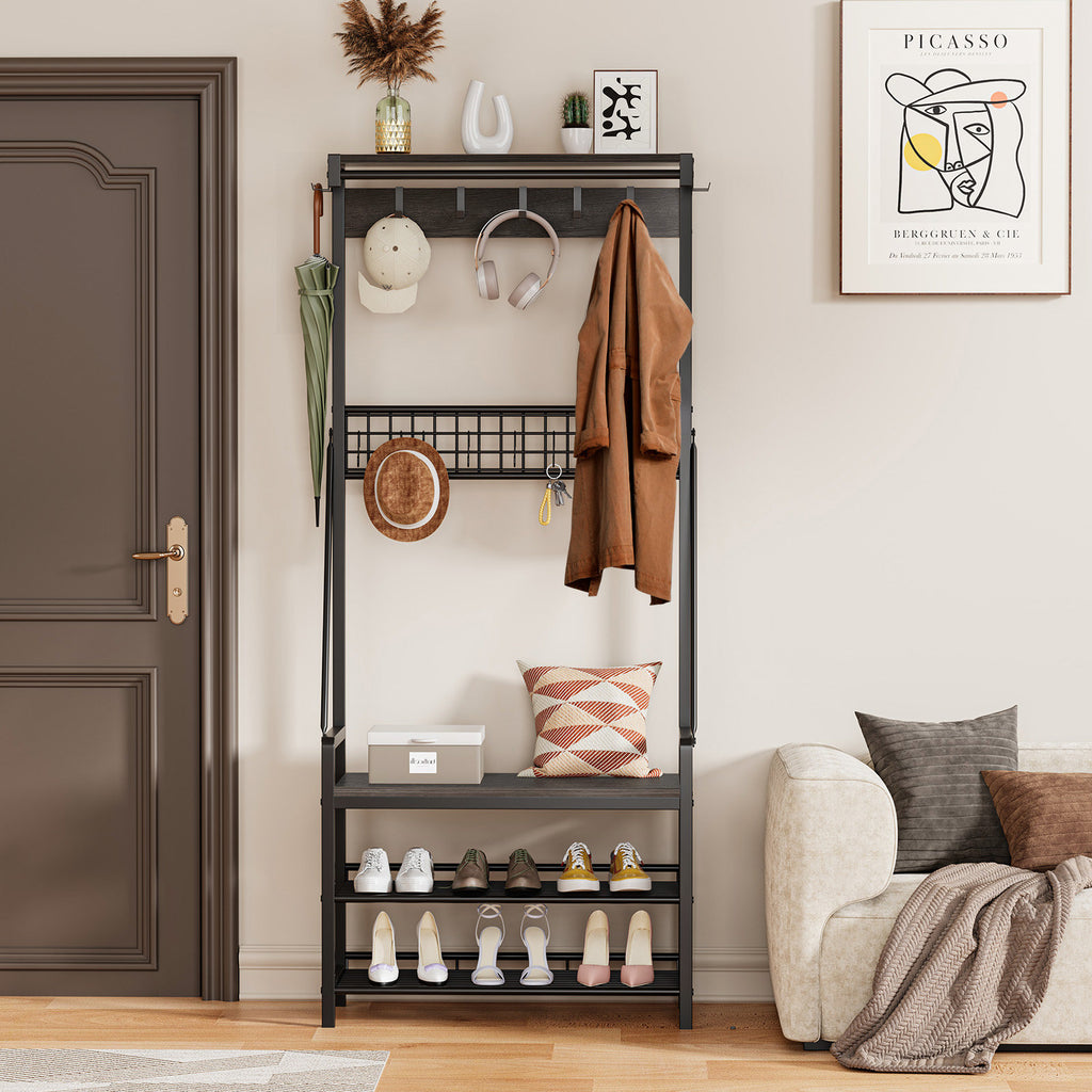 Minimalist Black Hall Tree Coat Rack With Bench and Shoe Rack