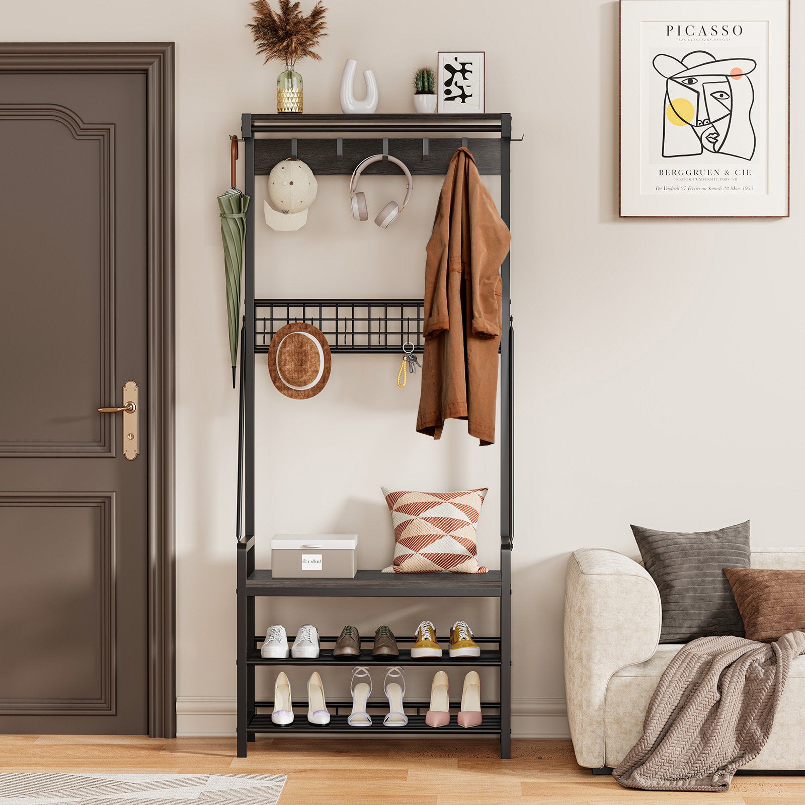 Minimalist Black Hall Tree Coat Rack With Bench and Shoe Rack