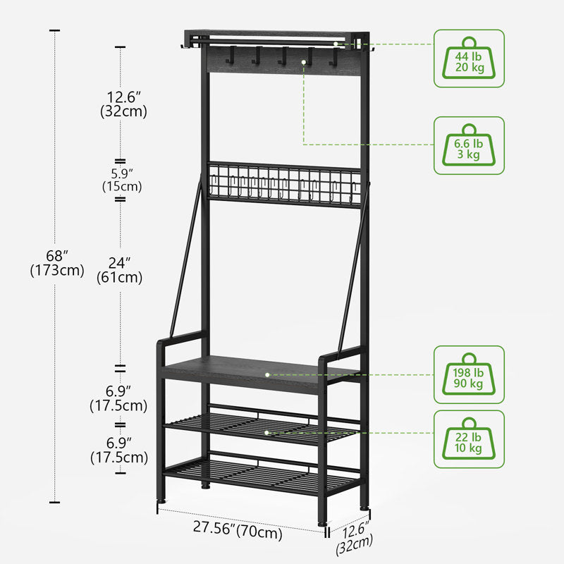 Minimalist Black Hall Tree Coat Rack With Bench and Shoe Rack
