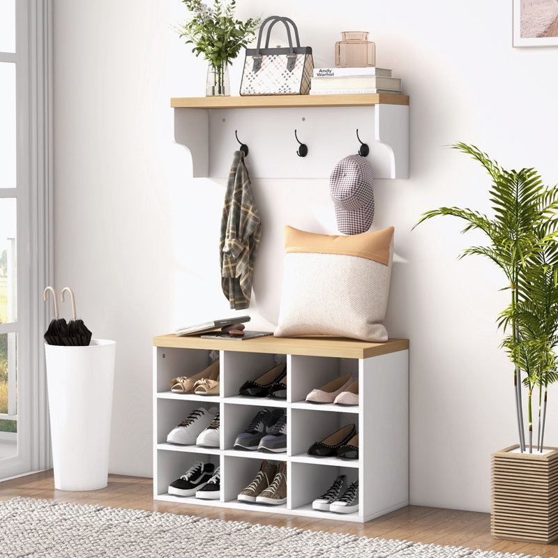 Modern White Hall Tree Storage Bench With Hooks & Shoe Cubes