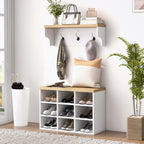 Modern White Hall Tree Storage Bench With Hooks & Shoe Cubes