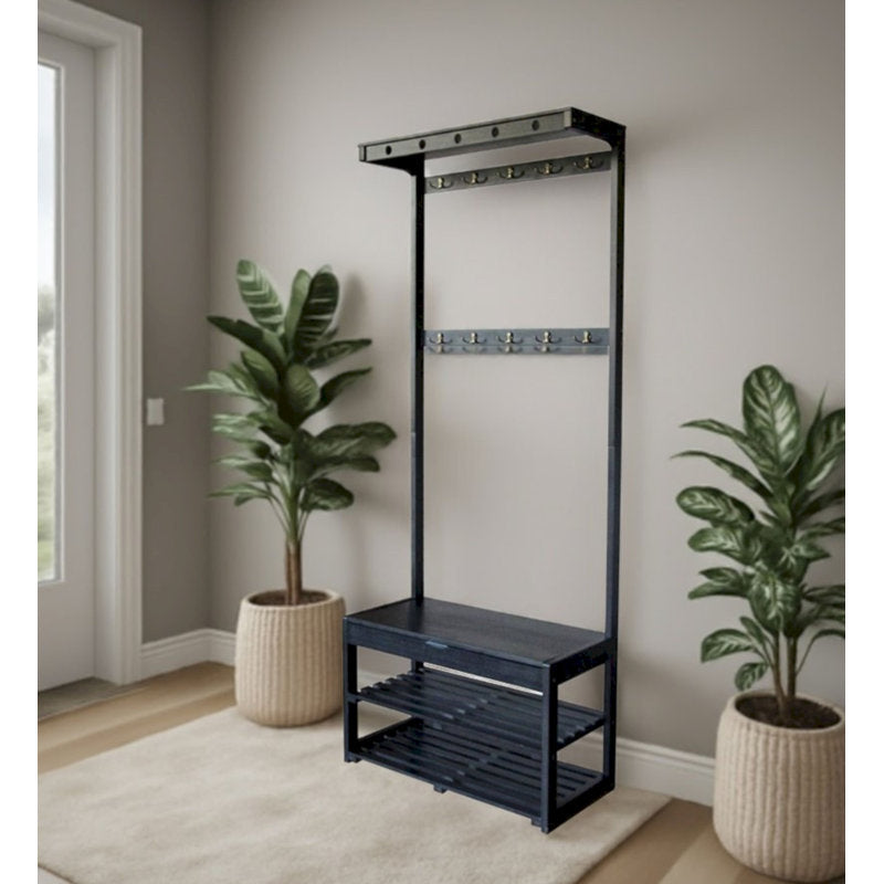 Industrial Black Hall Tree Coat Rack With Shoe Storage Bench