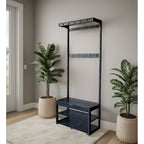 Industrial Black Hall Tree Coat Rack With Shoe Storage Bench