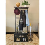 Industrial Black Hall Tree Coat Rack With Shoe Storage Bench