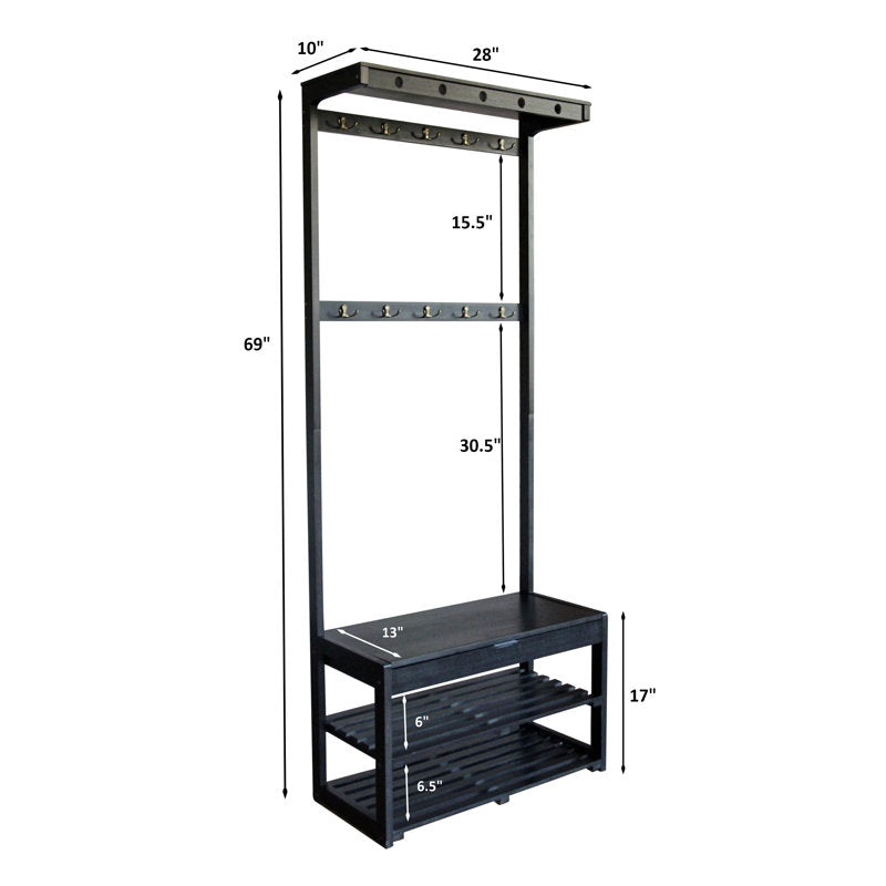 Industrial Black Hall Tree Coat Rack With Shoe Storage Bench