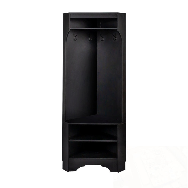 Entryway Corner Black Hall Tree With Hanging Hooks and Storage Compartments