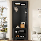 Entryway Corner Black Hall Tree With Hanging Hooks and Storage Compartments
