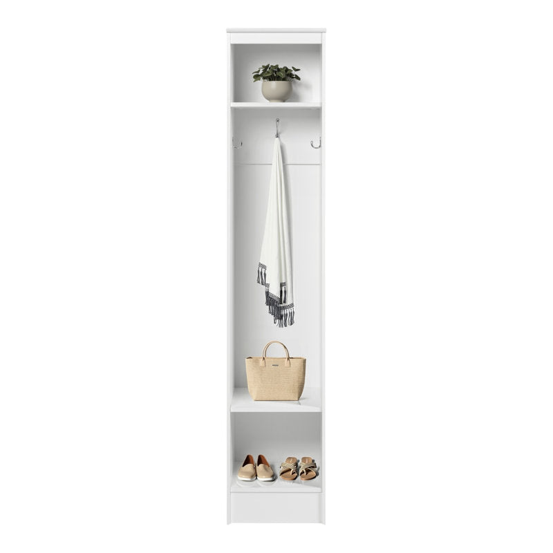Minimalist White Hall Tree Entryway Organizer With Hooks And Shoe Storage
