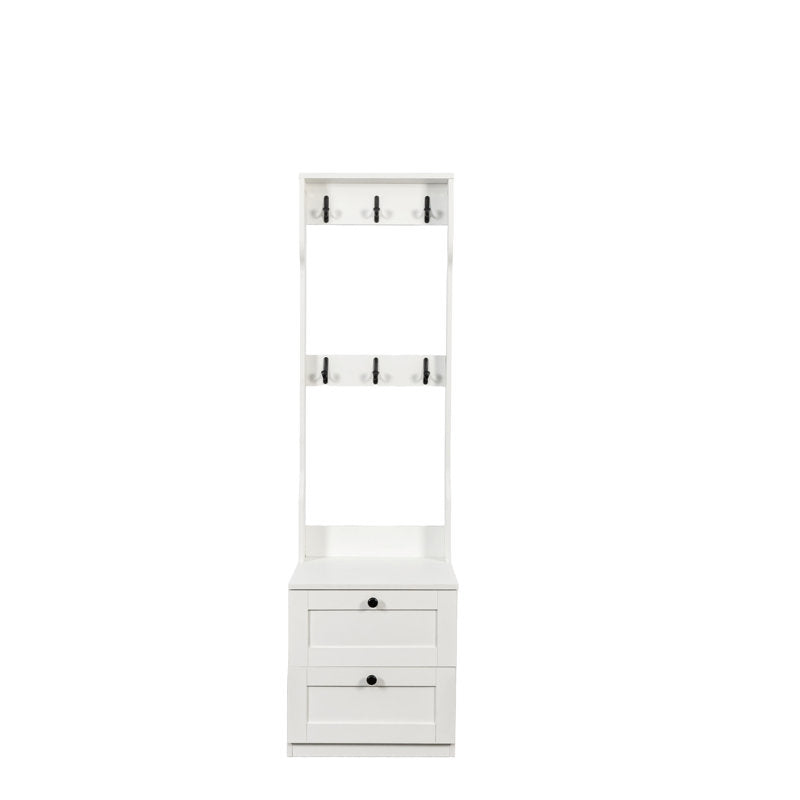 White Entryway Hall Tree With Hooks And Two Drawer Storage Cabinet
