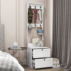 White Entryway Hall Tree With Hooks And Two Drawer Storage Cabinet