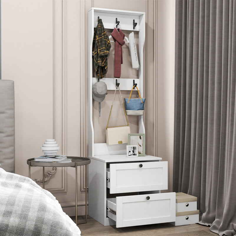White Entryway Hall Tree With Hooks And Two Drawer Storage Cabinet
